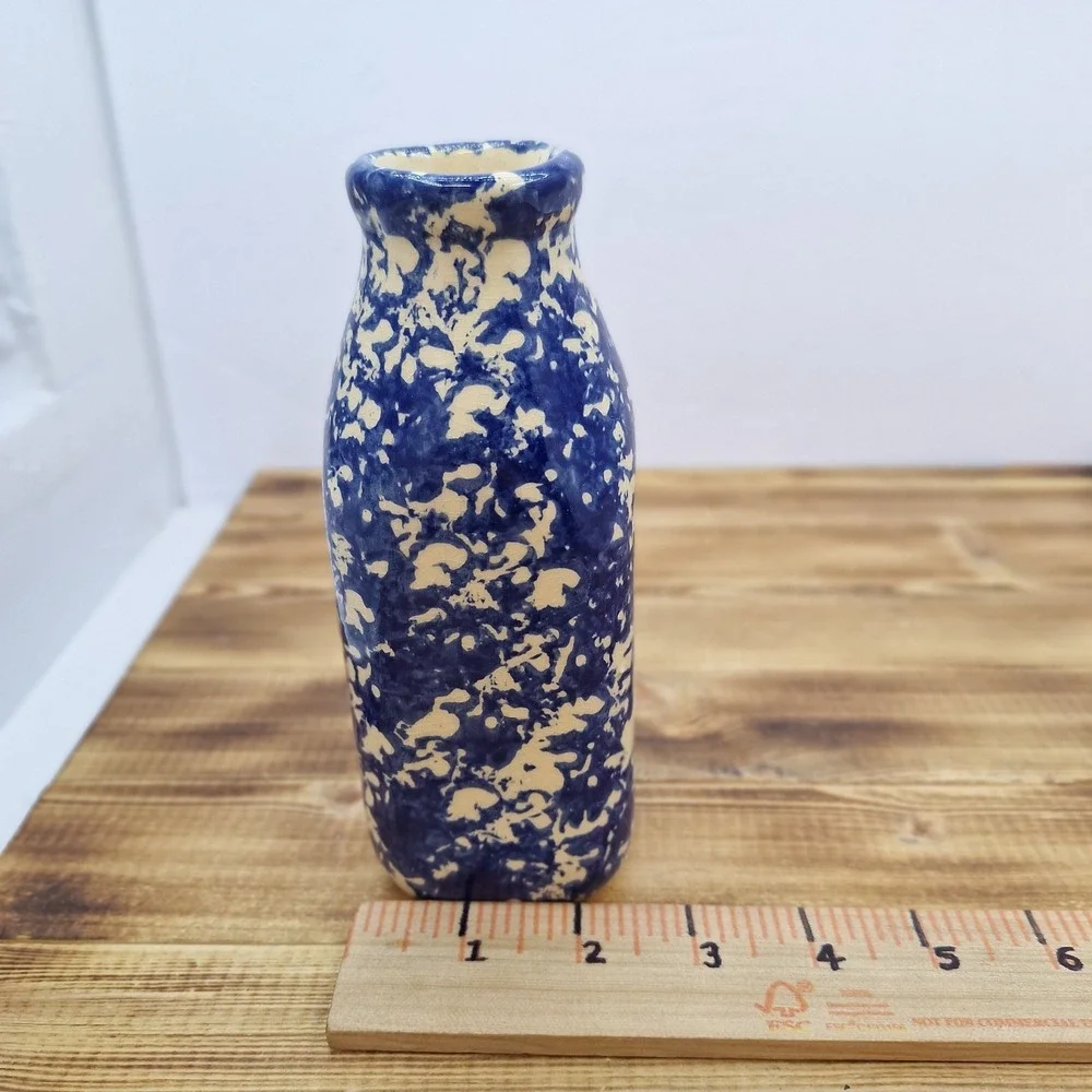 Alpine Pottery Roseville‎ Ohio 1997 Milk Bottle Vase Blue Spongeware 6.5